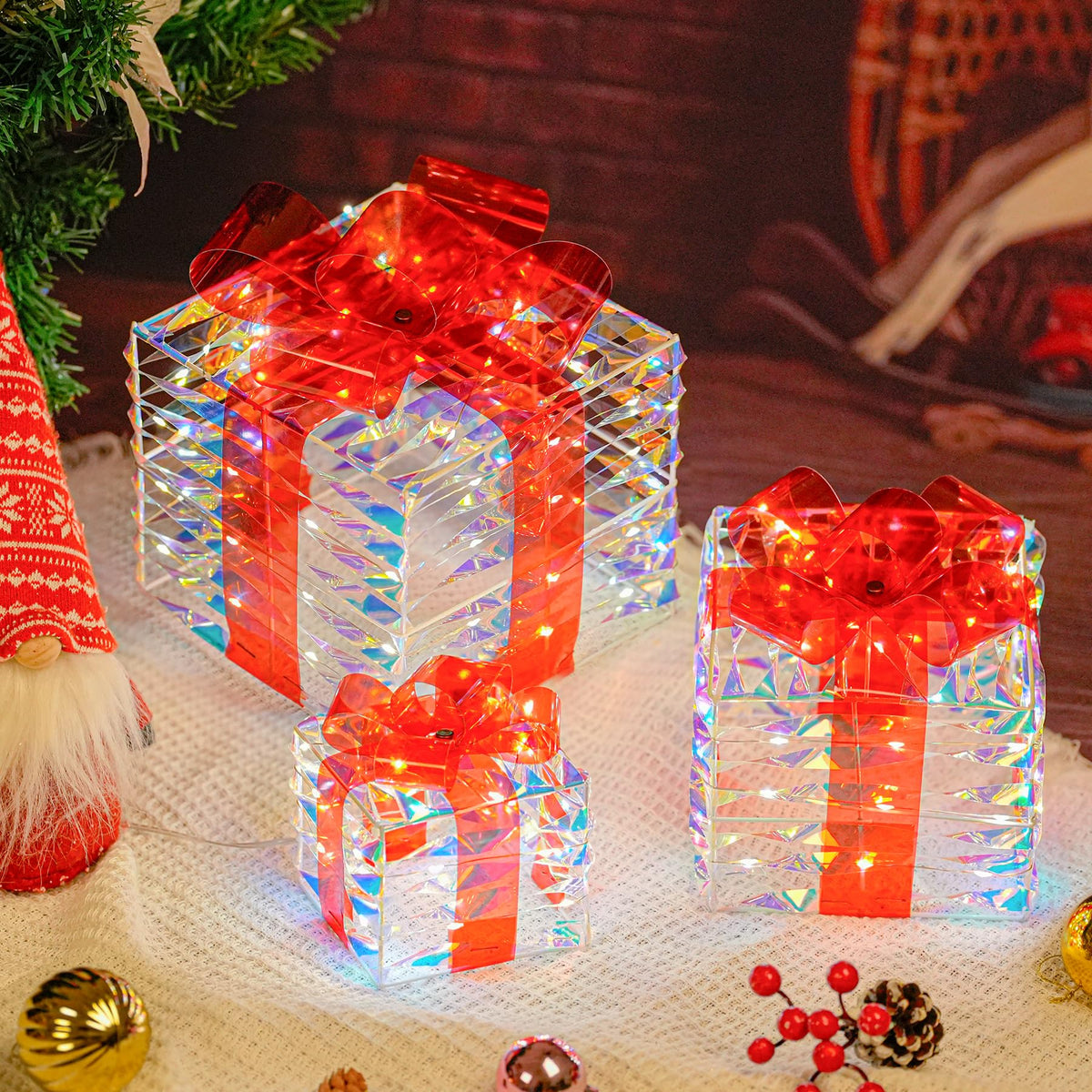 LAWOHO Christmas Lighted Gift Boxes Set of 3 Iridescent Present Boxes with Bow-Knot Battery &USB Powered Light up Box Decorations for Christmas Home Indoor Outdoor Holiday Decoration