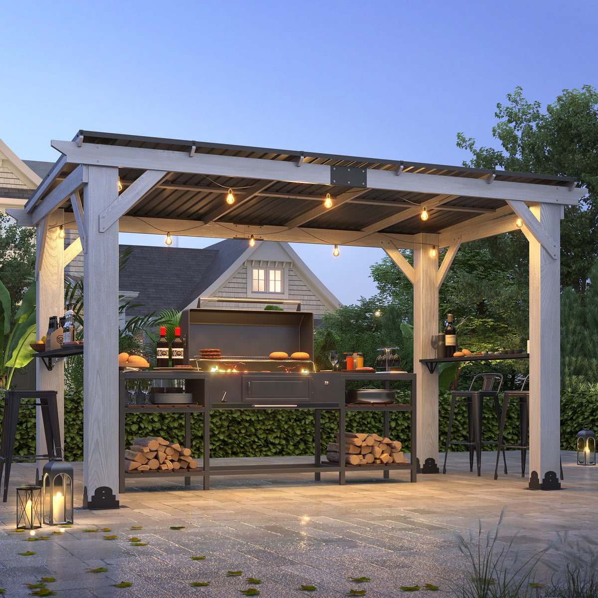 COVERONICS 12.5'x6.5' Outdoor Grill Gazebo - Hardtop Cedar Wood Gazebo with 2 Side Shelves and Galvanized Steel Roof, Patio Wooden BBQ Pergola for Porch, Garden and Backyard