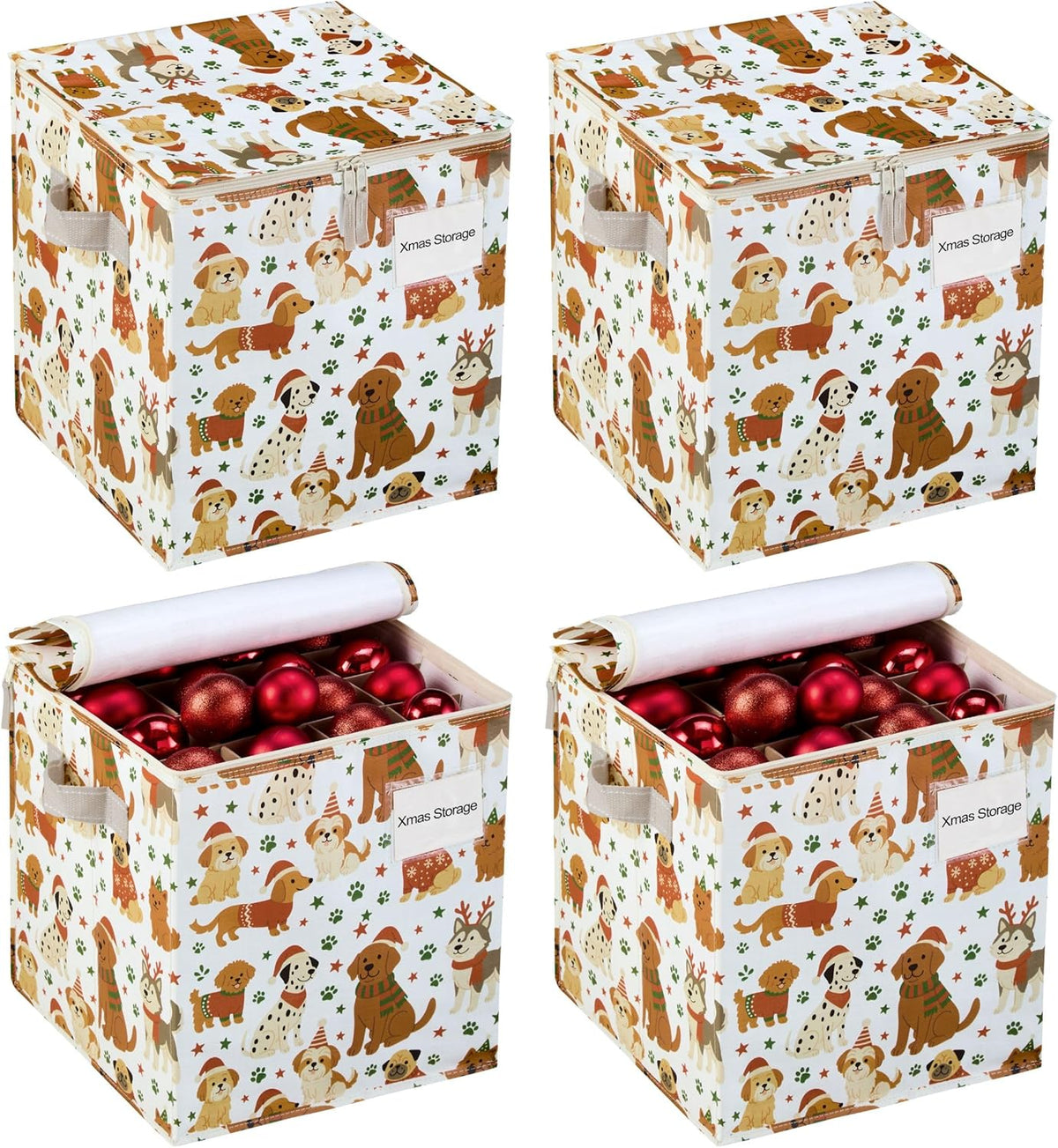 VENO Christmas Ornament Storage Box - 4 Pack with Adjustable Dividers & Zippered Top | Holds 64 Ornaments, 3-Inch Cube Compartments (Holiday Pups)