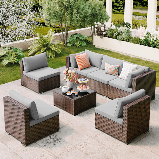 Qsun 7 Pieces Outdoor Patio Furniture Set, PE Rattan Outdoor Wicker Sectional Furniture Sofa Set, with Cushions and Glass Coffee Table, for Balcony, Porch, Garden, Grey