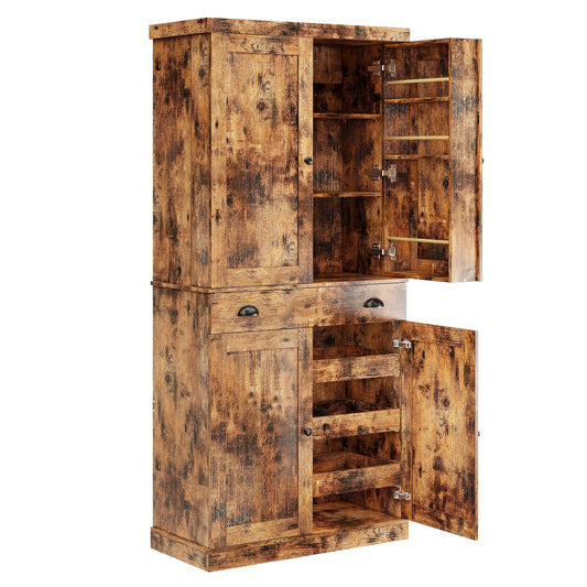 IRONCK Kitchen Pantry Cabinet 72" Height, Freestanding Cupboard with Drawer, Sliding Storage Rack, and 6 Hanging Shelves for Dining Room, Laundry, Living Room, Vintage Brown