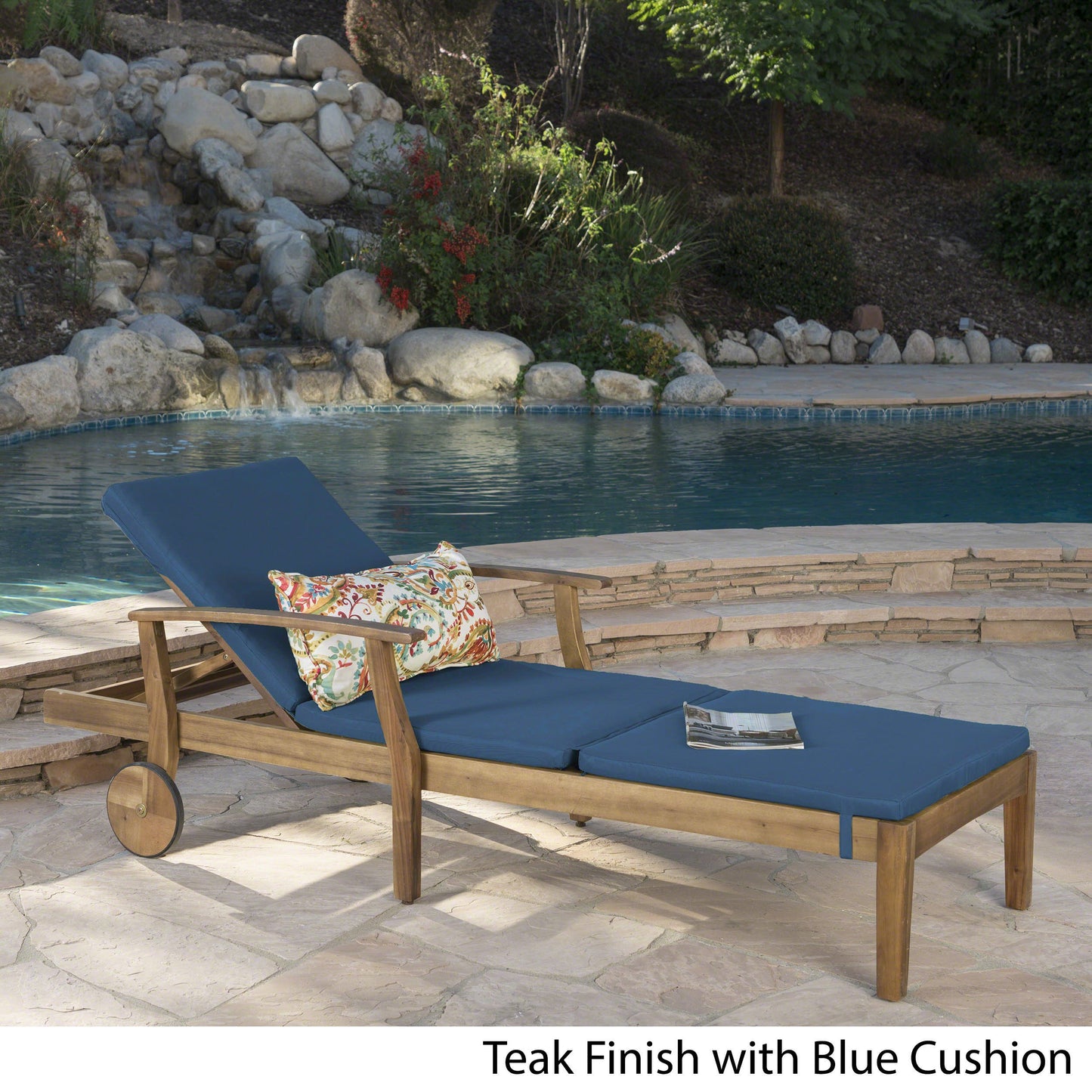 Christopher Knight Home Perla Outdoor Chaise Lounge with Water Resistant Cushion, Teak Finish / Blue
