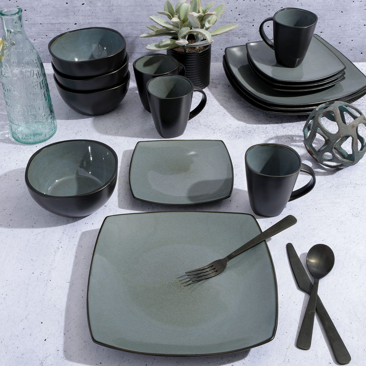 Gibson Elite Soho Lounge Square Reactive Glaze Stoneware Dinnerware Set, Service for 4 (16pc), Eclipse