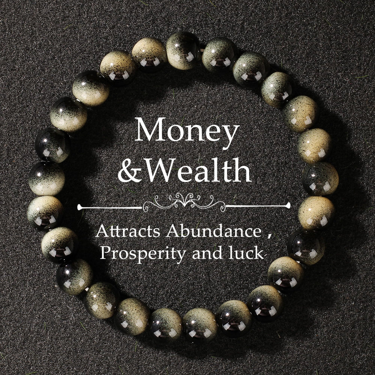 Cryhand Female 8mm Beaded Bracelets For Women Simulated Slivery Black Obsidian Bracelet for Men Handmade Lucky Money Stretchy Crystal Bracelets Best Gifts