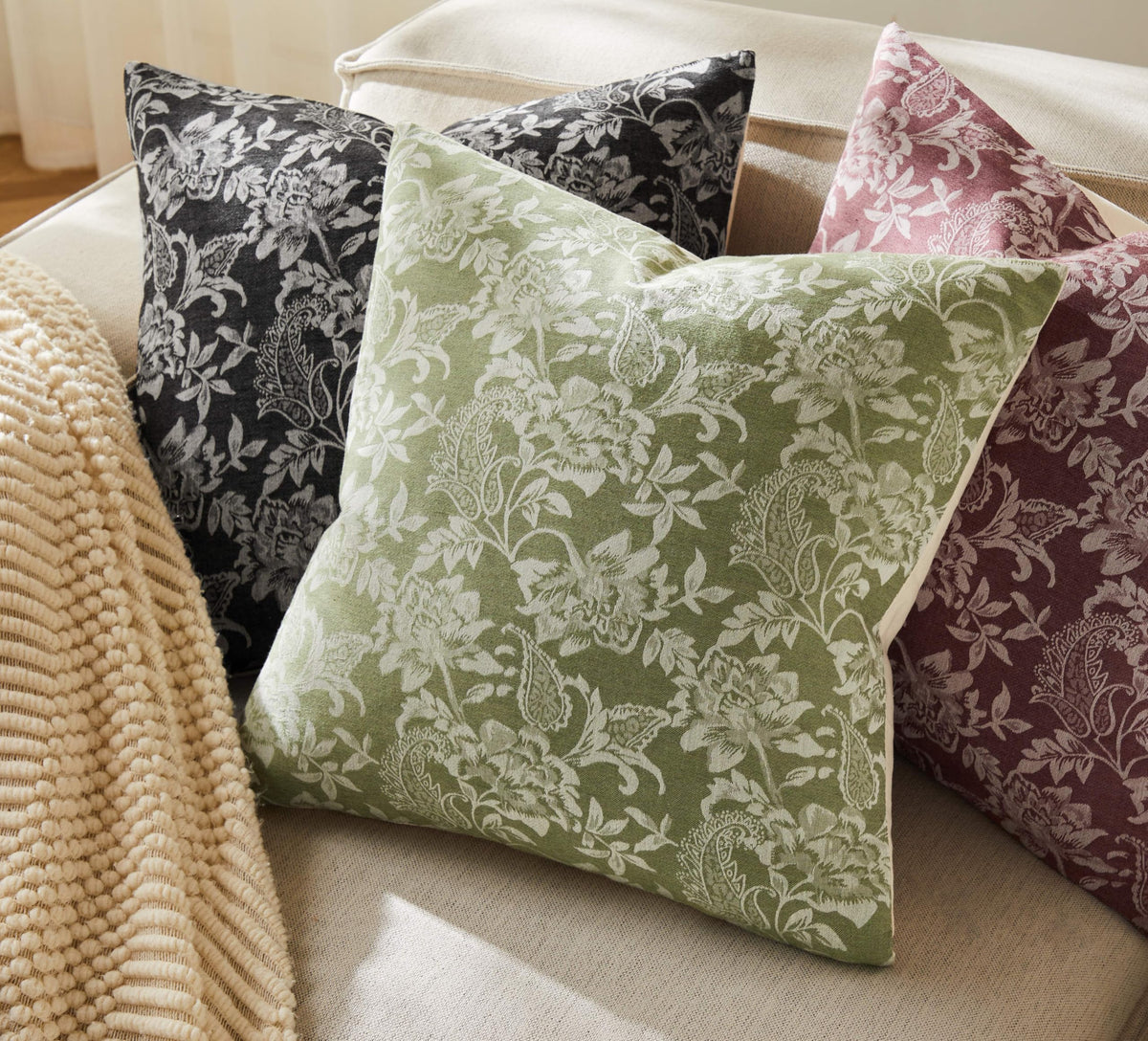 YZJZEDS Floral Jacquard Throw Pillow Covers Set of 2, Background/Green 18x18 Inch, Farmhouse Decorative Cotton Sage Green Cushion Covers for Sofa Bed Living Room Home Decor