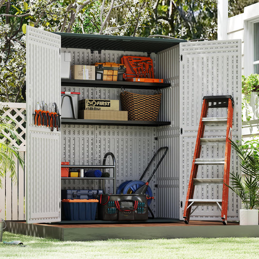 EHHLY Vertical Resin Storage Shed with 2 Shelves, 60 Cuft Garden Tool Sheds & Outdoor Storage, Plastic Outdoor Storage Cabinet Waterproof, 4.5 x 2.3 ft Outside Lawn Mower Storage Shed, Light Grey