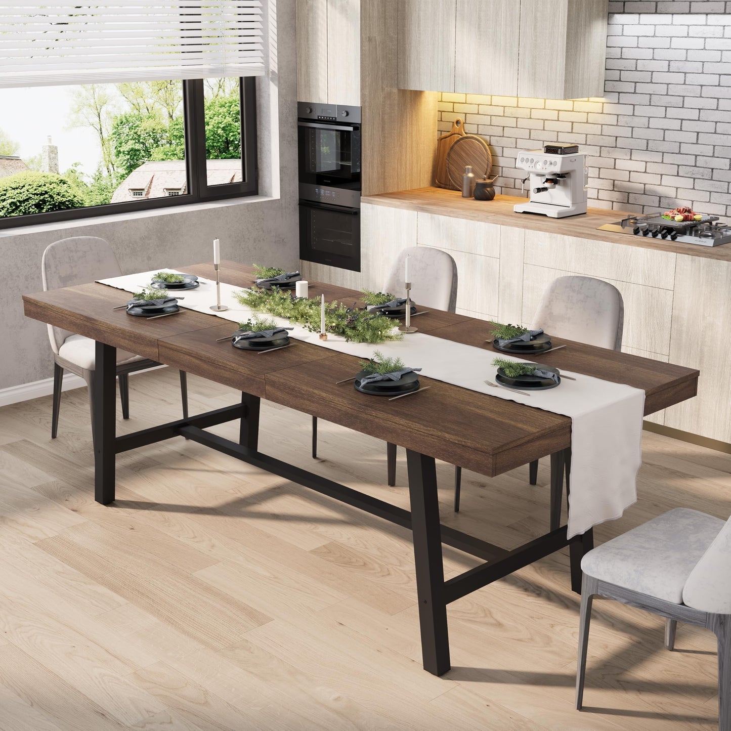 GarveeHome 63-83" Extendable Dining Table, Industrial Rectangular Dining Room Table for 6-8 People, Expandable Kitchen Table with Heavy Duty Metal Frame for Dining Room, Kitchen & Parties, Brown