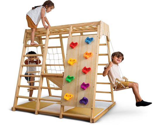 Avenlur Indoor Playground Jungle Gym – Magnolia 6-in-1 Montessori Wooden Indoor Playground for Kids & Toddlers Ages 2-6 – Waldorf Toys, Rope Ladder, Indoor Swing, Baby Slide, Rock Climbing Wall, More