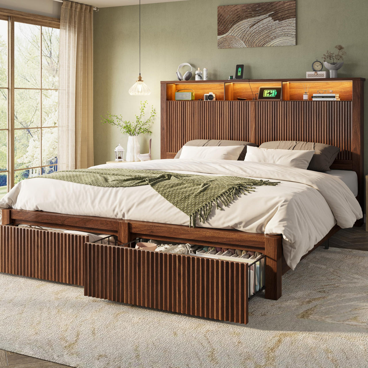 CypBed King Size Bed Frame and Headboard& 2 Storage Drawers, King Bed Frame with LED Light and Charging Port, Farmhouse Wavy Design, Wood & Metal Platform, Noise-Free, No Box Spring Needed, Walnut