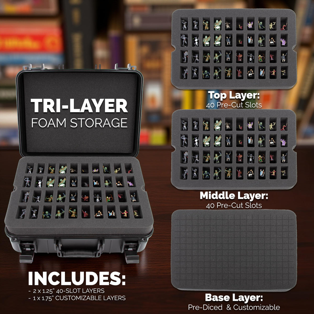 CASEMATIX Hard Shell Miniature Carrying Case - 80 Slot Figurine Miniature Storage Case with Customizable Foam Layer for Large Miniatures Compatible with Warhammer 40k, DnD & More!