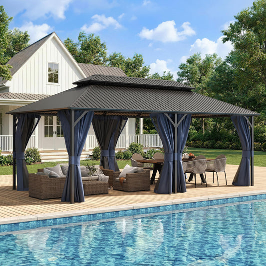 UDPATIO 12'x20' Hardtop Gazebo, Outdoor Metal Gazebo with Galvanized Steel Double Roof, Permanent Pavilion with Netting and Curtains for Lawn, Garden, Patio, Navy Blue