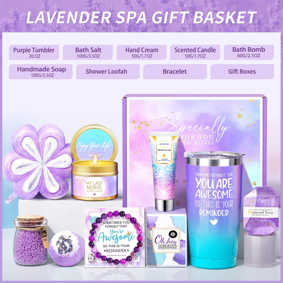 Gifts for Women, Birthday Gifts for Women, Sister, Wife, Teacher, 9pcs Lavender Care Package Gifts Set, Get Well Soon Gifts for Woman, Thinking of You Gift ,Christmas Gift Sets for Her