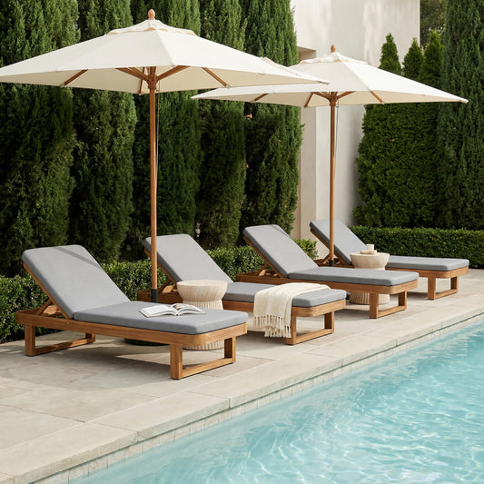 Christopher Knight Home Milos Acacia Wood Chaise Lounge Chair Outdoor Set of 4, Wooden Sunbathing Pool Lounger, Patio Chaise Lounge with Cushions, Adjustable Backrest Lounge Sofa, Light Gray+Teak