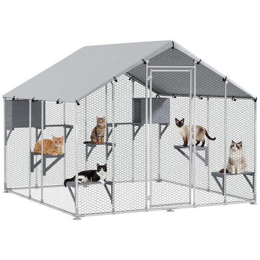 PawHut Catio Outdoor Cat Enclosure, 95" Extra Large Walk-in Cat House with Waterproof Cover, 2 Resting Boxes, 7 Jumping Platforms, Chicken Run Coop, Rabbit Hutch, Feral Cat Shelter Pointed Roof