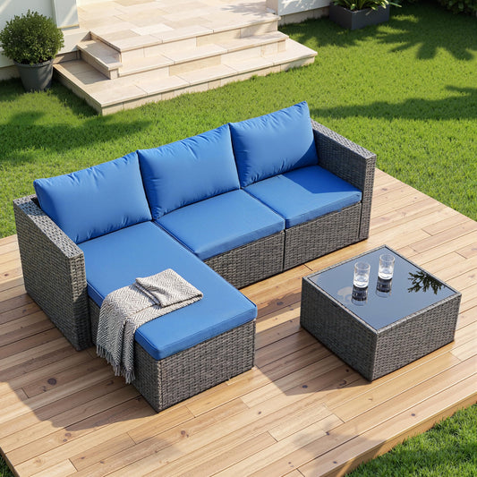 Shintenchi 4 Pieces Patio Furniture Sets, Outdoor Sofa Patio Sectional Sets All Weather, 2-in-1 Wicker Rattan Seating Sofa Couch with Cushions & Coffee Table for Yard, Garden, Porch, Poolside (Blue)