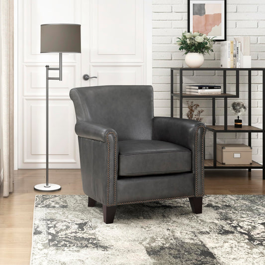 Lexicon 100% Top Grain Genuine Leather Chair, Leather Accent Chairs for Living Room, Solid Wood Frame, Rolled Armrest & Nailhead Trim, Comfy Reading for Bedroom, Office, Waiting Room, Classic Gray