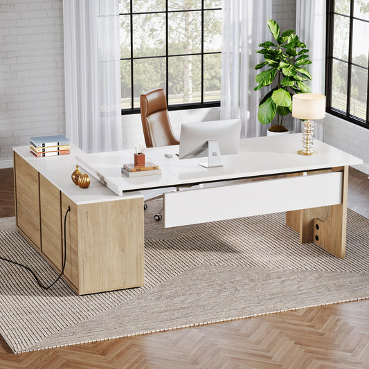 Tribesigns 74.8 Inch Executive Desk, Large Office Desk with Cabinet, L Shaped Computer Desk with Shelves and CPU Storage, Modern Home Office Desks Business Furniture Workstation Set, White and Wood