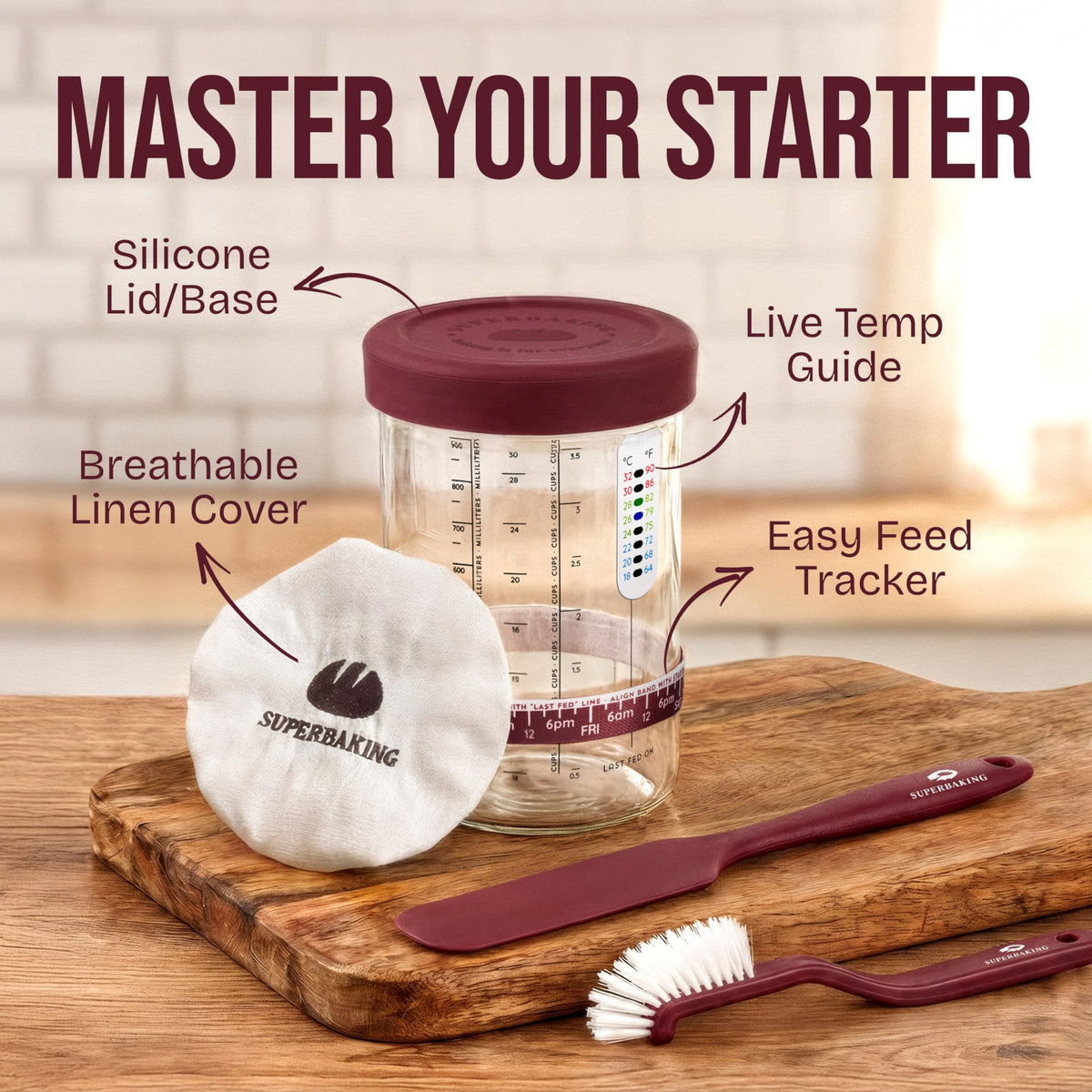 Superbaking Sourdough Starter Kit, 9" Splinter-Free Banneton Bread Proofing Basket Set with Non-Stick Silicone Dough Sling & Glass Starter Jar Kit, Sourdough Bread Baking Supplies, Sourdough Tools