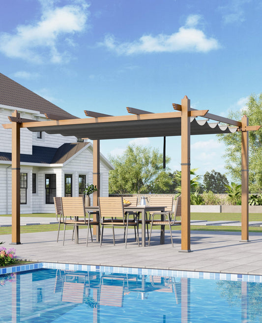 GarveeLife 10x13 ft Outdoor Pergola with Retractable Canopy Upgraded Outdoor Aluminium Pergola, Faux Wood Grain Metal Patio Gazebo for Modern Backyard Deck for Porch, Awning, Grape Trellis, Grey