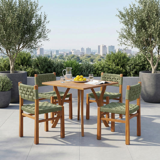 Christopher Knight Home 5 Piece Outdoor Dining Set Acacia Wood Square Table and 4 Green Wicker Chairs Teak Finish Patio Furniture Set for Garden Backyard Balcony Deck