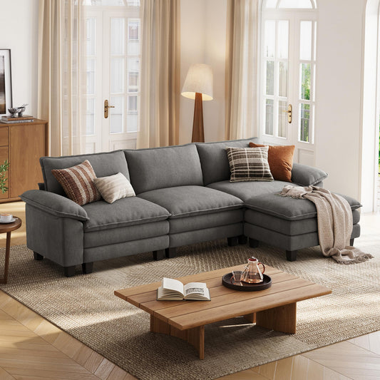 LINSY HOME 123'' Modular Sectional Sofa Grey Couch Corduroy Cloud Couches for Living Room, L Shaped Couch with Movable Ottoman, Modern Cloud Sectional Sofas for Bedroom and Apartment, Grey