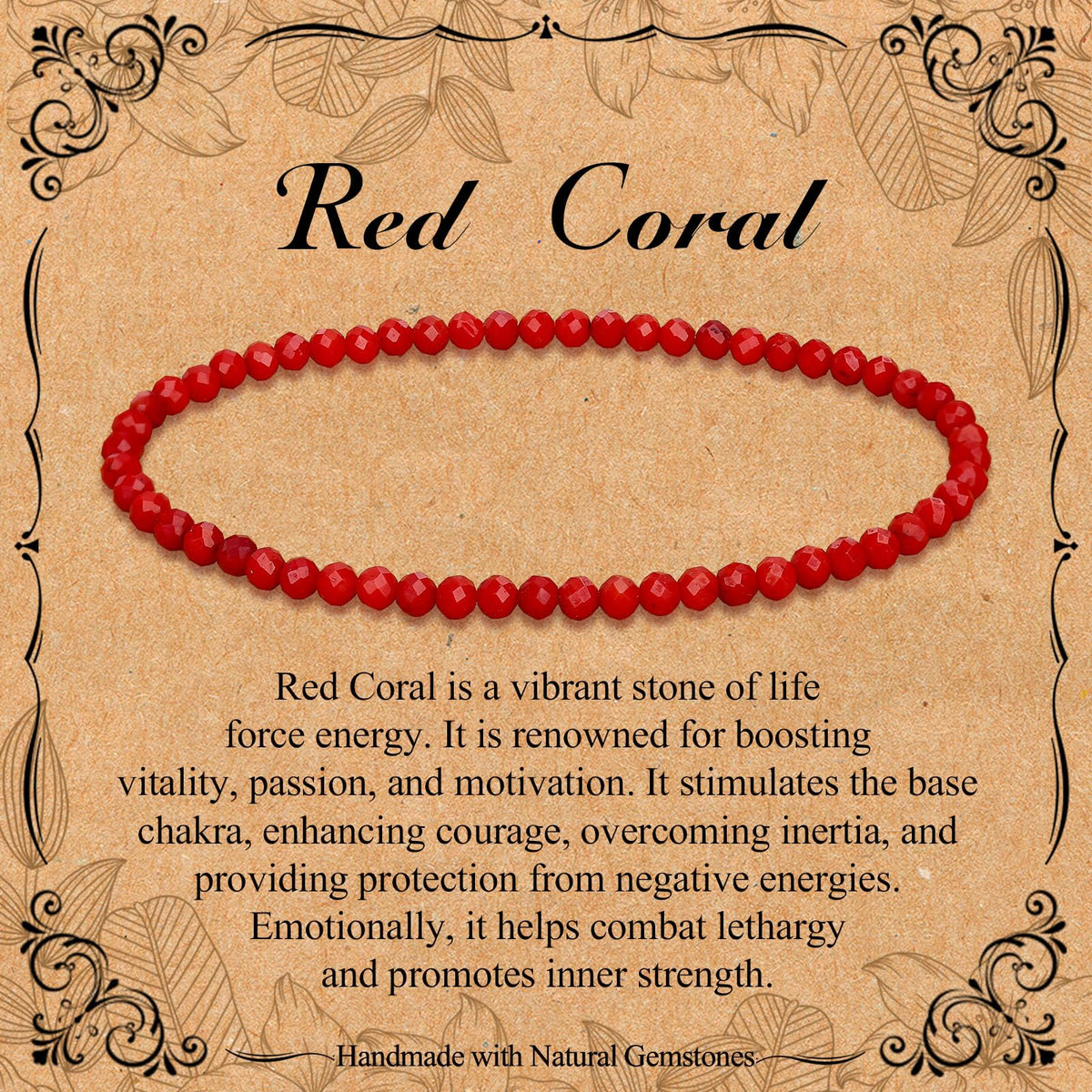 BONNY BOXX Natural Genuine Gemstone Faceted Round Beads Bracelets, 3mm Adjustable Stretchy Tiny Faceted Red Coral Bracelet, Healing Crystal Reiki Chakra Dainty Jewelry Fashion Gifts