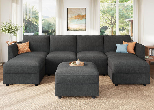 HONBAY Modular Sofa U Shaped Sectional Couch with Storage, Convertible Modular Sofa 7 Seats Sectional for Living Room - Snowflake Velvet Grey