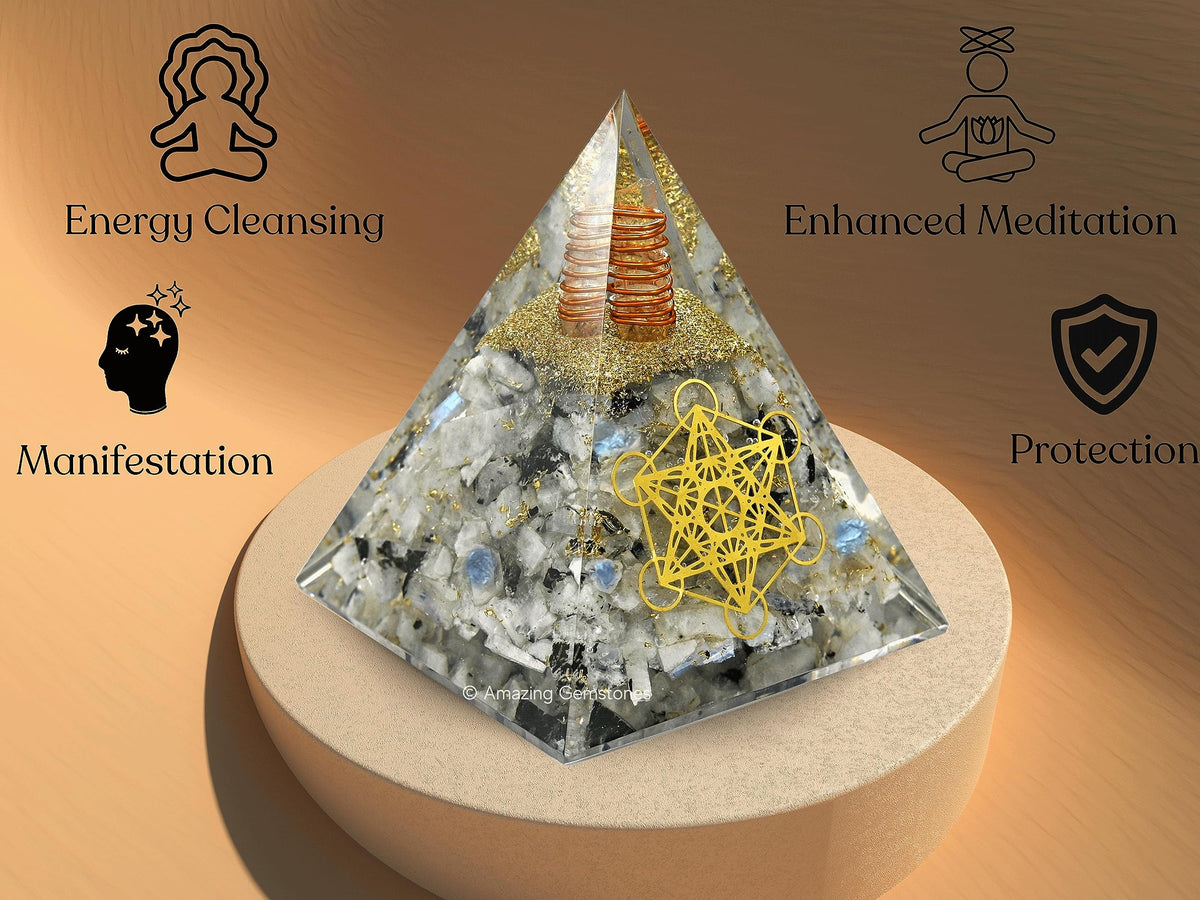 Amazing Gemstone Organite Orgone Pyramid Extra Large 105 MM - Metatron Cube Orgone Energy Pyramid with Rainbow Moonstone Crystals and Healing Stone - Orgonite Pyramids Crystals and Positive Energy