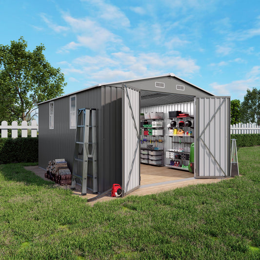 Vigo huseeo 10x12x6.7FT Outdoor Storage Shed, Galvanized Steel Garden Shed with Lockable Door & Window, Waterproof Metal Tool Storage for Garden, Backyard, Patio, Lawn