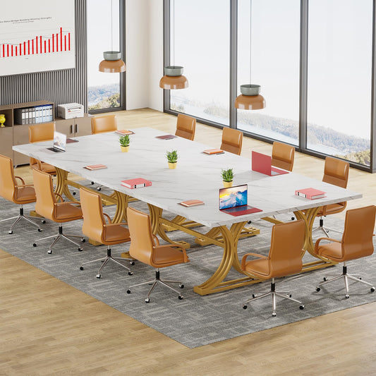 Tribesigns 10.5FT Conference Table, Modern Meeting Table for 8-10 People, Rectangle Seminar Boardroom Table for Office Conference Room with Stylish Legs (4, White + Gold)