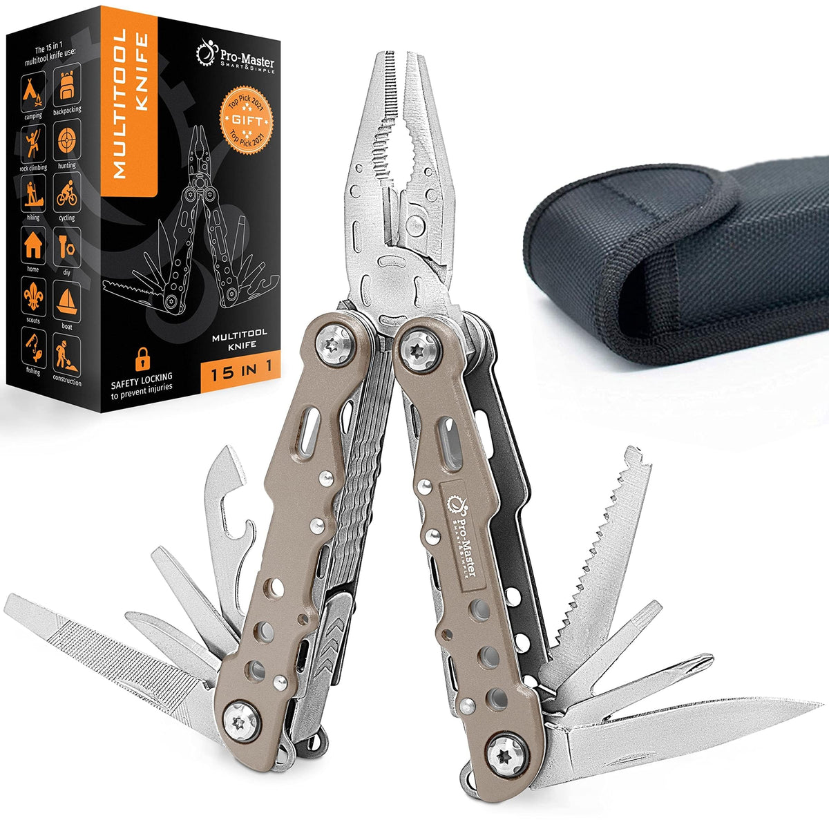 15-in-1 Multitool Pocket Knife, Multipurpose Stainless Steel All In One Tool for Camping Hiking Survival Travel Home - Portable Heavy Duty Folding Utility Multi Tool with Self-Locking