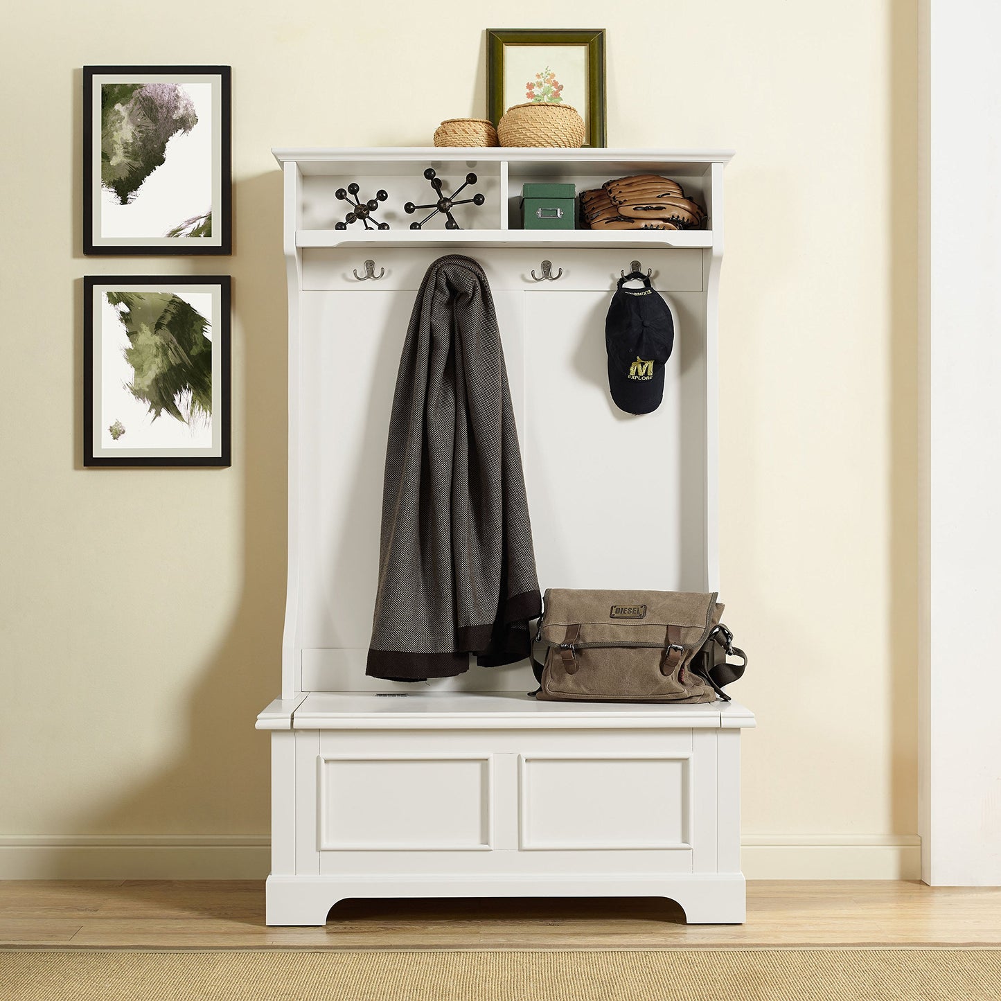 Crosley Furniture Campbell Hall Tree with Storage Bench and Coat Rack Hooks for Hanging, White