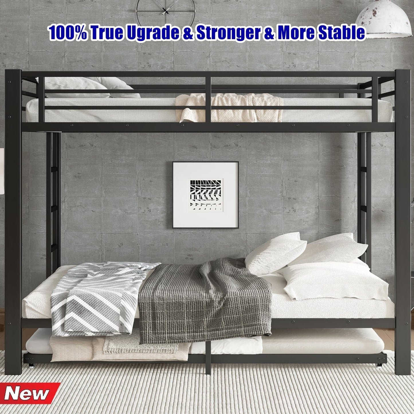 NOAHLEO Stronger & Safer Heavy Duty Metal Queen Over Queen Size Bunk Bed for Adults Teens, More Stable Thickened Steel Bunkbed (Queen Over Queen with Twin Trundle)