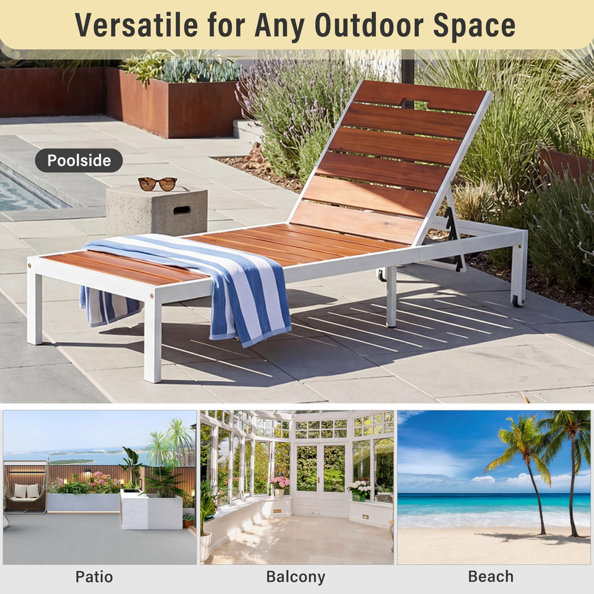 ApilithHive Outdoor Chaise Lounge with 6-Position Adjustable Backrest, Acacia Wood and Steel Frame, 78.7", 400 lbs Capacity, White and Brown