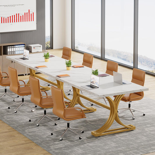 Tribesigns 10.5FT Conference Table, Modern Meeting Table for 8-10 People, Rectangle Seminar Boardroom Table for Office Conference Room with Stylish Legs (2, White + Gold)