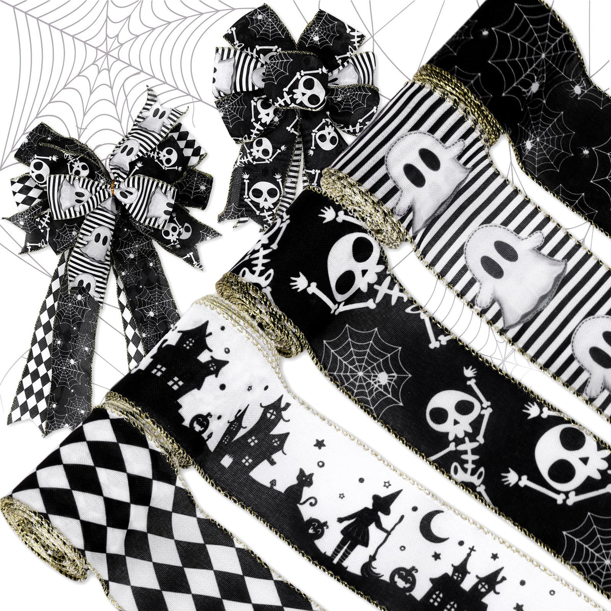 JarThenaAMCS 5 Roll Halloween Wired Edge Ribbon - 2.5 Inch, 30 Yards Ghost Skeleton Spider Web - White & Black Spooky Gift Wrap Ribbon for Bow, Wreath, Craft & Party Decor