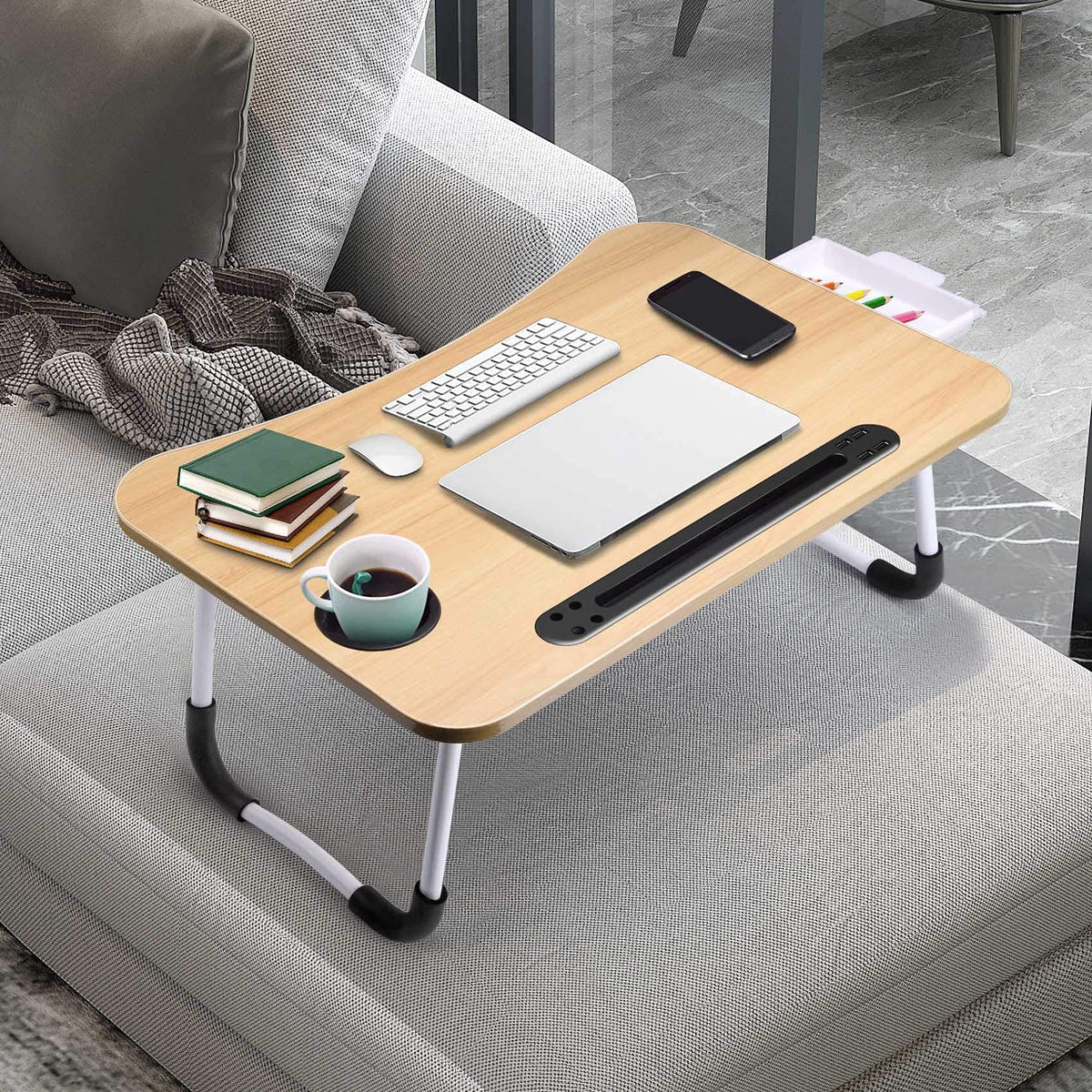 Slendor Lap Desk with Tablet Slot, Foldable Laptop Table with Storage Drawer for Bed，Portable Bed Desk for Laptop, Computer Tray with Cup Holder Notebook Stand Reading Holder for Couch Floor, Walnut
