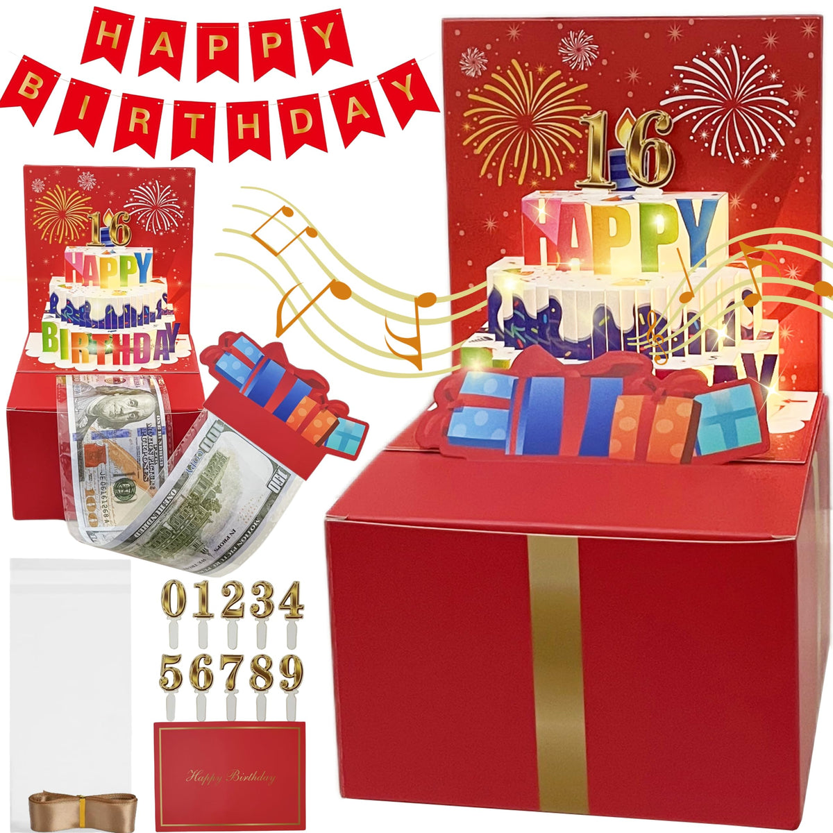 JINSTABAG Birthday Money Box for Cash Gift, Money Pull Box with Music Light 3D Cake and DIY Number Placard for Any Age, Birthday Decorations for Boys Girls Kids Adult (Red)