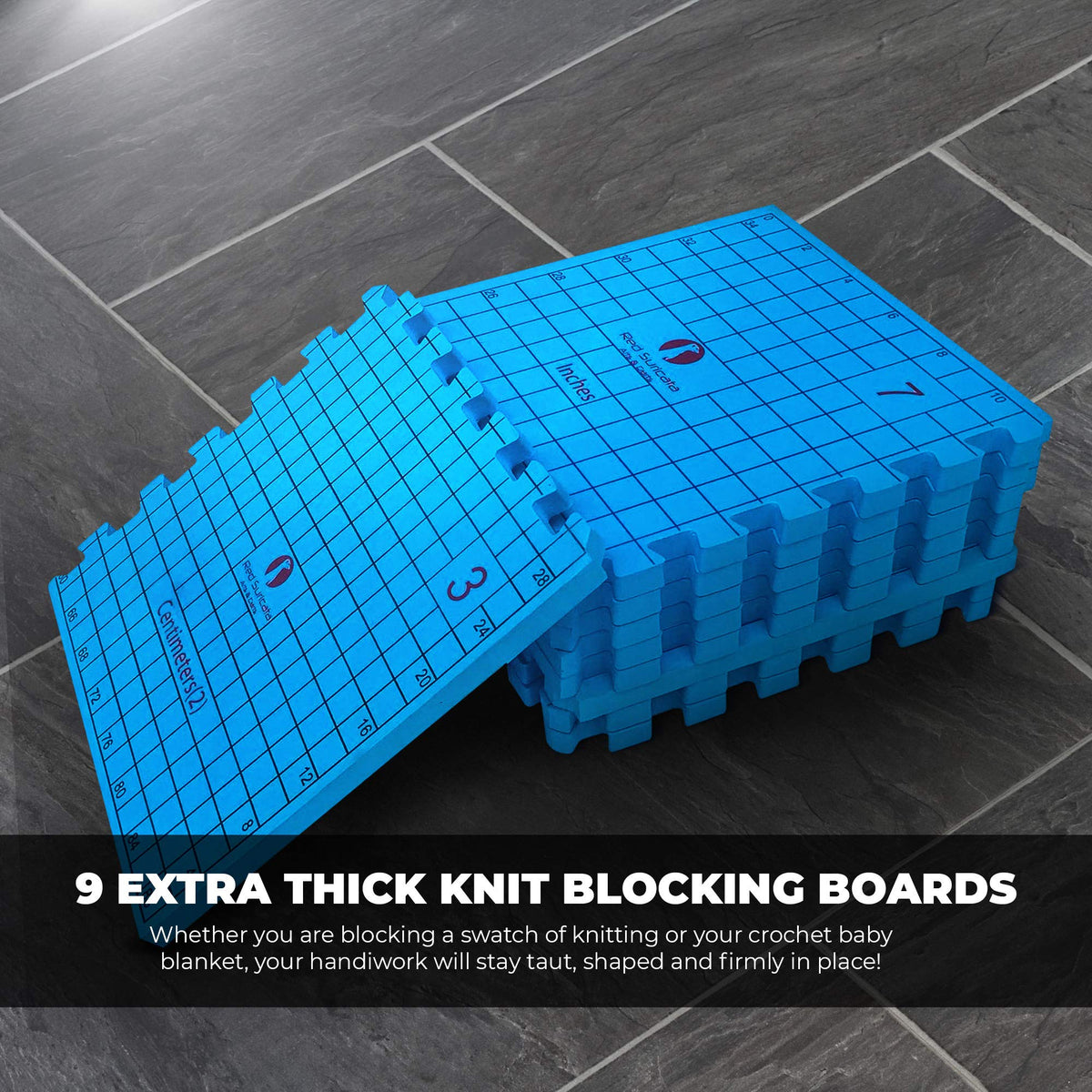 Red Suricata Knit Blocking Bundle – Extra Thick Blocking Mats for Knitting & Curved Knit Blocking Comb Set & Adjustable Sock Blockers - All in one Combined Storage Bag (Inches Grid)