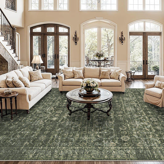 DUIDY 10x12 Green Washable Area Rugs for Living Room Vintage Boho Non Slip Large Rug Distressed Floral Carpet Indoor Retro Soft Low Pile Farmhouse Throw Rug for Bedroom Dining Nursery Office