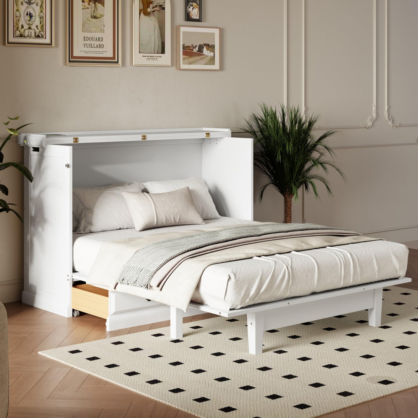 YOPTO Murphy Bed Cabinet Full Size with Charging Station and Large Storage Drawer,Pine Wood Folding Wall Bed Frame,Space Saving,Easy Assembly,Hidden Platform Bed for Home Office or Small Room,White