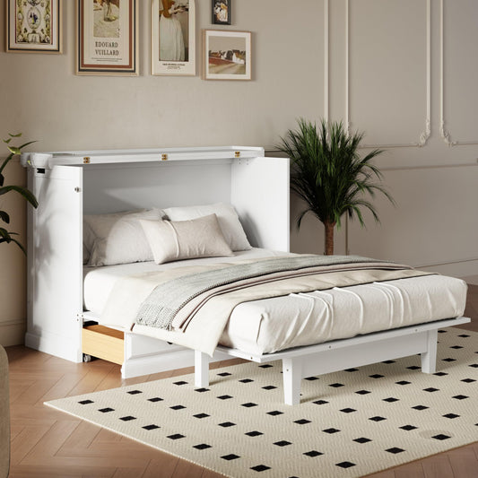 Merax Solid Pine Murphy Bed, Chest Cube Cabinet Bed with Charging Station and Large Storage Drawer for Home Office or Small Room, Full, White