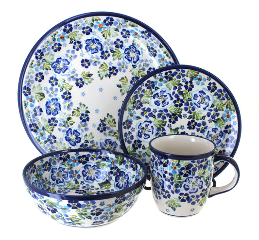 Blue Rose Polish Pottery - Blue Vintage Violet 4 PC Place Setting - Service for 1-1 Place Setting - Great for Everyday Dining, Casual Dining, or as Formal Dinnerware