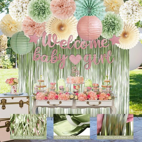 Dusty Pink Sage Green Baby Shower Decorations - Welcome Baby Girl Banner, Retro Pink Green Rosegold Balloons, 'Oh Baby' Cake Topper, Pom Poms Flowers Paper Fan For Birthday Jungle Woodland Party