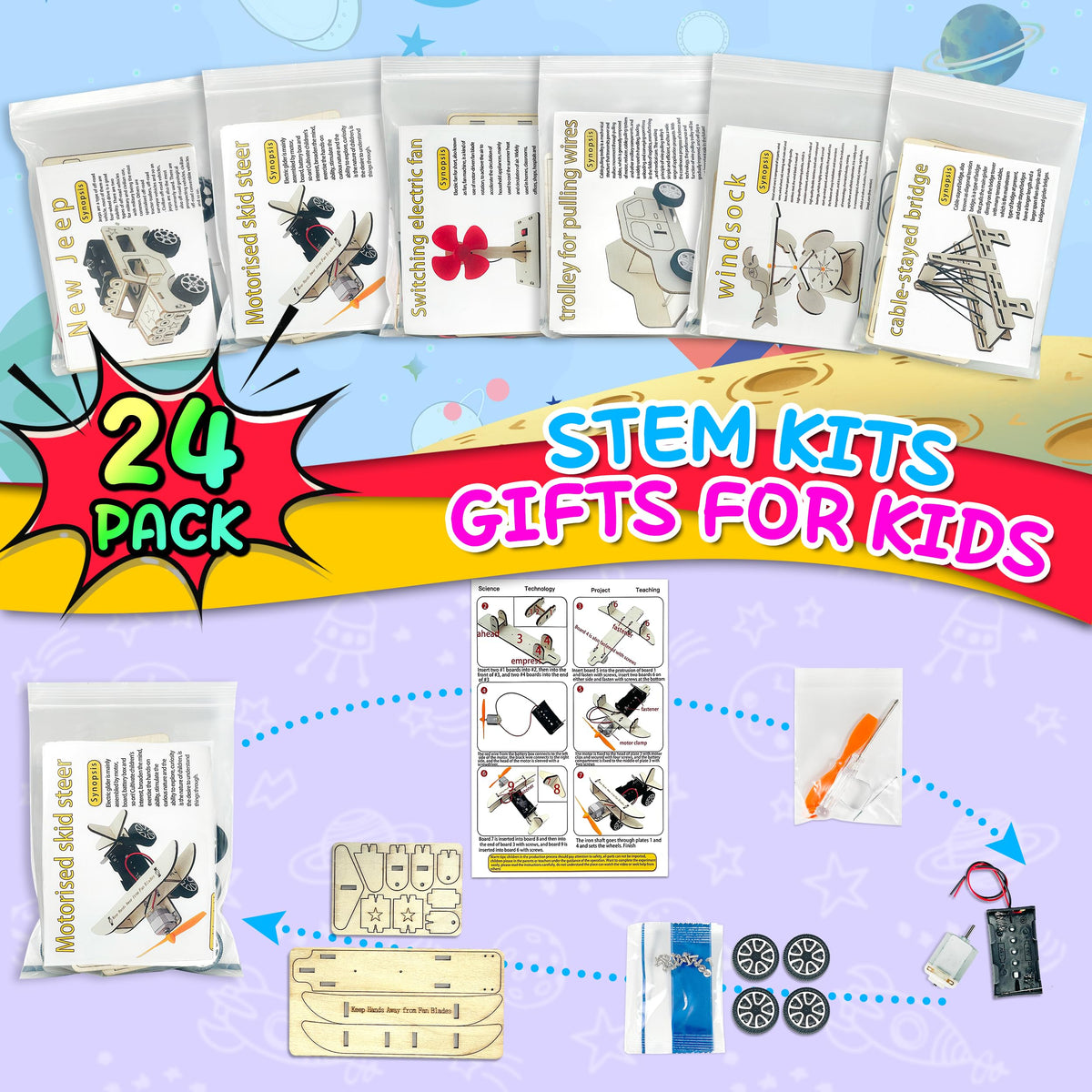 kortes 24Pack STEM Kits for Kids Classroom, Science Building Project Craft for Ages 8 9 10 11 12, 3D Wooden Model Kit, STEM Toys for Boys Girls Birthday Gifts Party Favors School Exchange Gifts