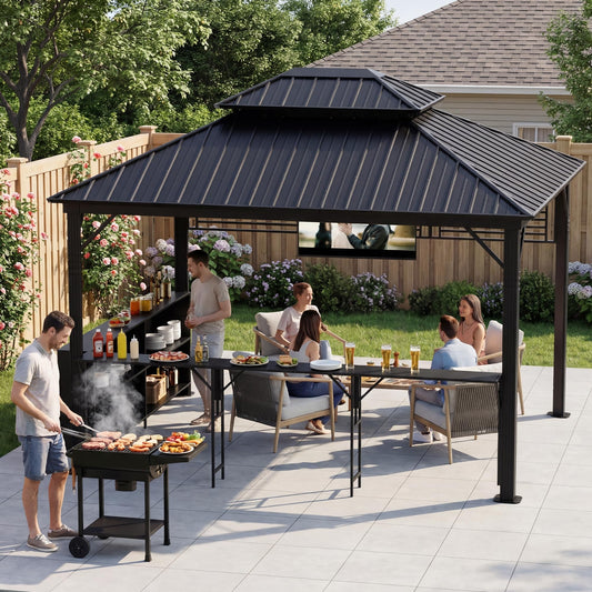 COSIEST 12x10 FT Hardtop Gazebo with Bar Counter, Heavy Duty Aluminum BBQ Grill Gazebo, Galvanized Steel Double Roof Permanent Outdoor Shelter, 15 PSF Snow Load, Black