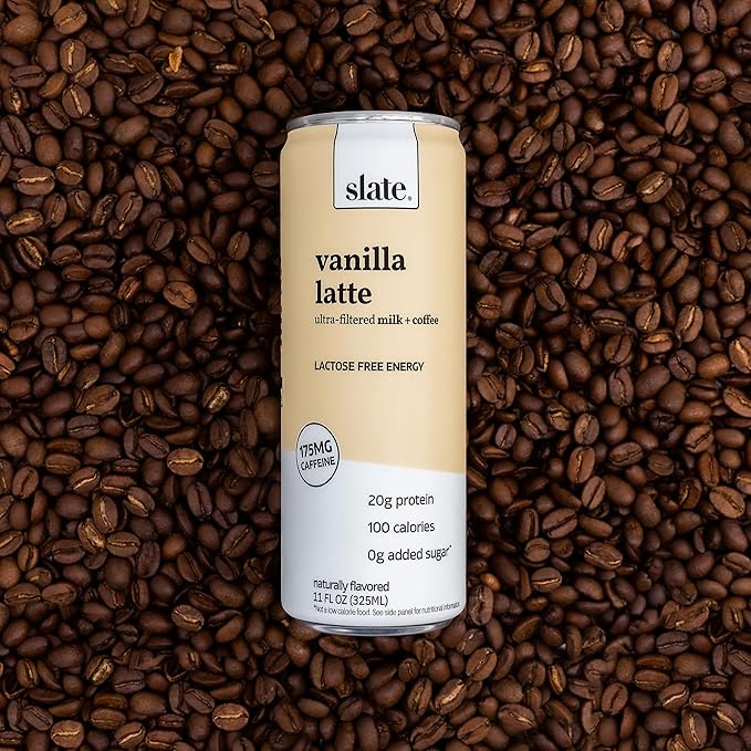 Slate Milk - High Protein Iced Coffee - Vanilla Latte - 175mg Caffeine, Lactose Free Energy - 20g Protein, 1g Sugar, 100 Calories, 1g Net Carbs, No Sugar Added - Protein Coffee - 11 fl oz, 12 Cans