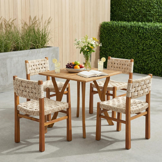 Christopher Knight Home 5 Piece Outdoor Dining Set Acacia Wood Square Table and 4 Light Grey Wicker Chairs Teak Finish Patio Furniture Set for Garden Backyard Balcony Deck