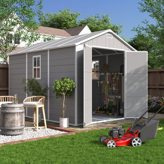 UDPATIO Resin Storage Shed 7.5x10.7 FT, Outdor Plastic Shed for Garden Tools Pool Equipment, Outside Sheds with Lockable Door for Backyard, Patio, Lawn, Grey & White
