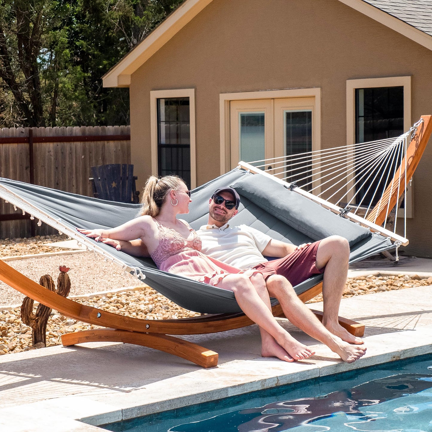 SUNCREAT Hammocks Double Hammock with Wooden Stand Included, Outdoor Hammocks for Outside, 475 lbs Capacity, Dark Gray